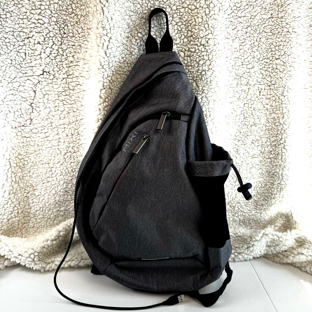 MIXI Sling Backpack with USB Port & Power Charger Cord Gray w/ Anti-Theft Pocket